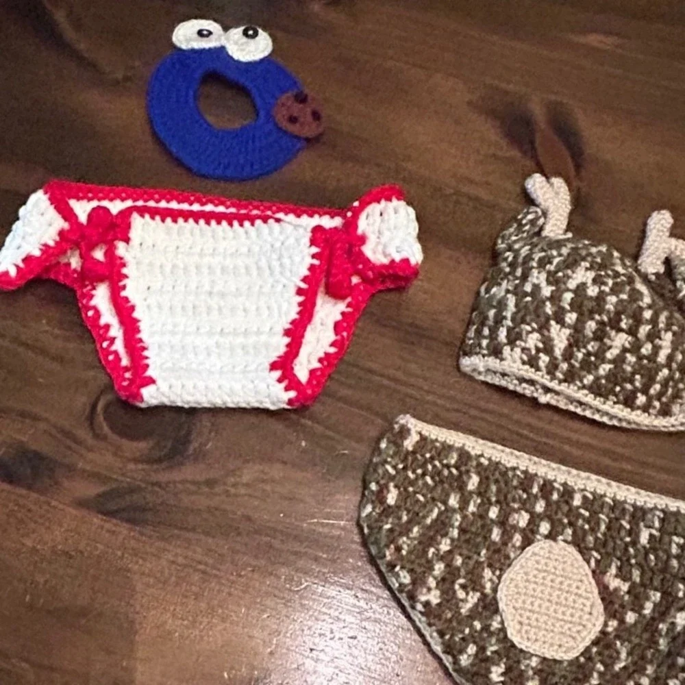 Crochet Knit Baby Bundle Deer Set Diaper‎ Covers Beanie Cookie Monster Homemade